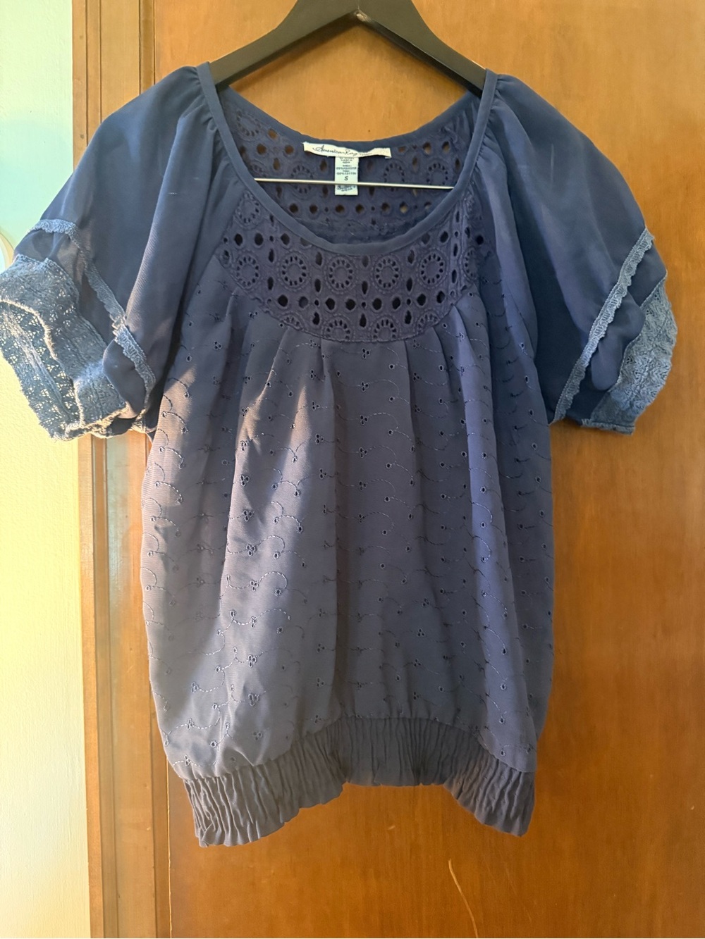 American Rag Navy Eyelet Blouson Sheer Sleeve Tunic